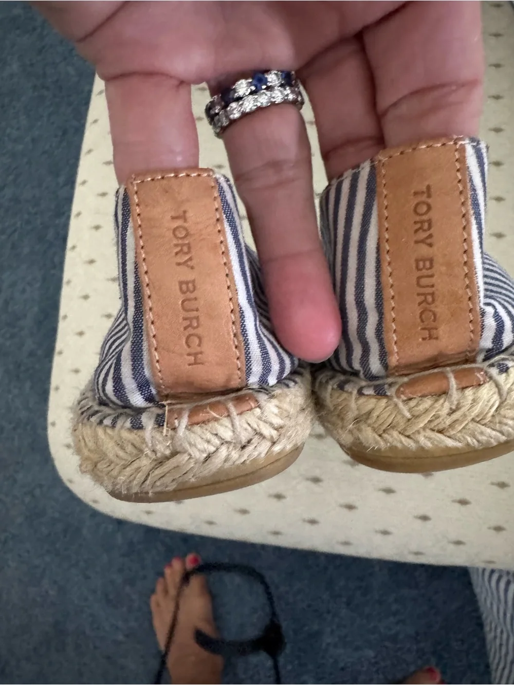 Tory Burch Navy and White Striped Espadrille Flats with Gold Sequin Flower